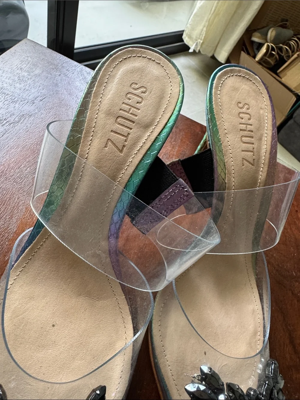 SCHUTZ Iridescent Pointed Mules with Clear Strap and Black Crystal Accent